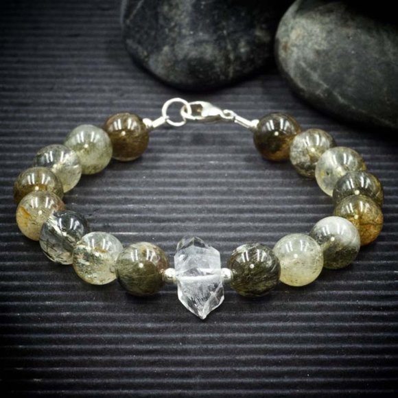 Green Tourmaline Rutile Quartz and Herkimer Diamond Bracelet - Handmade to Order - Picture 1 of 2